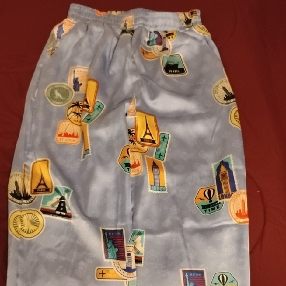 Women Blue Travel-Print Silk Pants